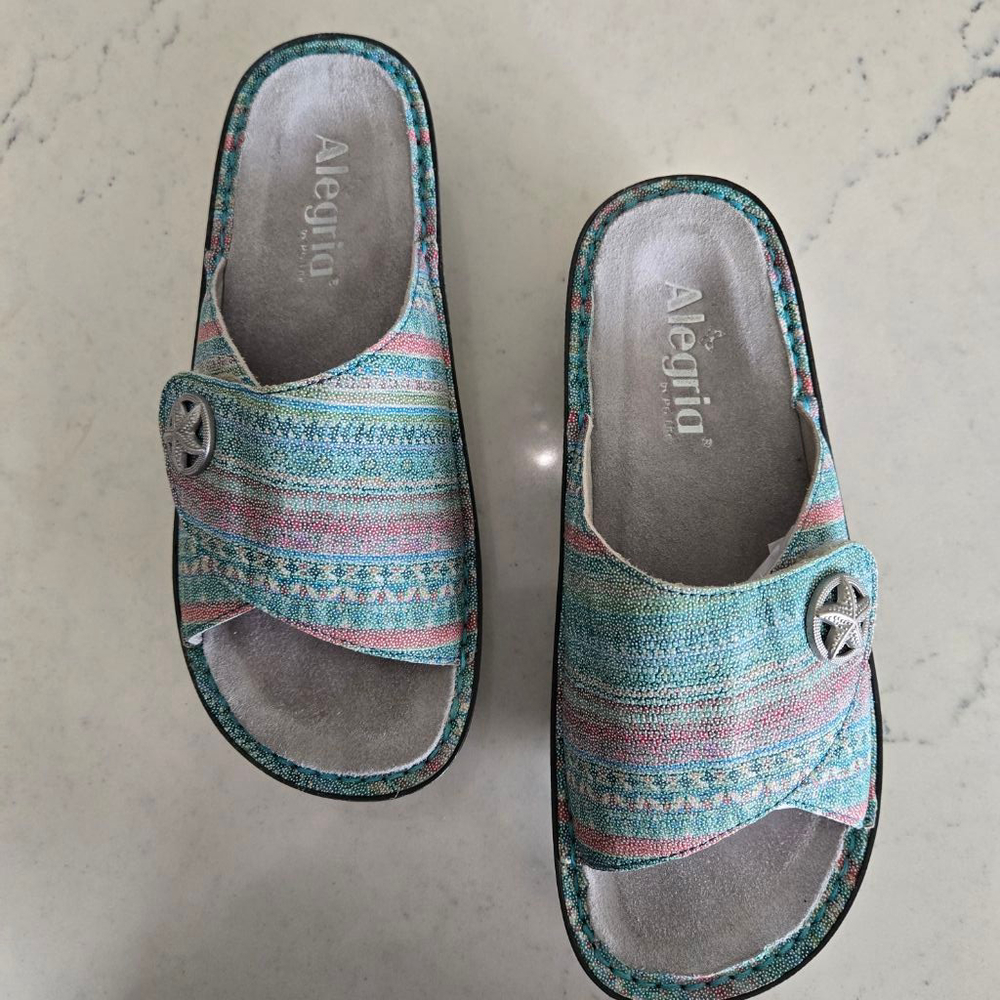 Women's Alegria Kylee Starfish Seascape Leather Slide Sandals Size 37